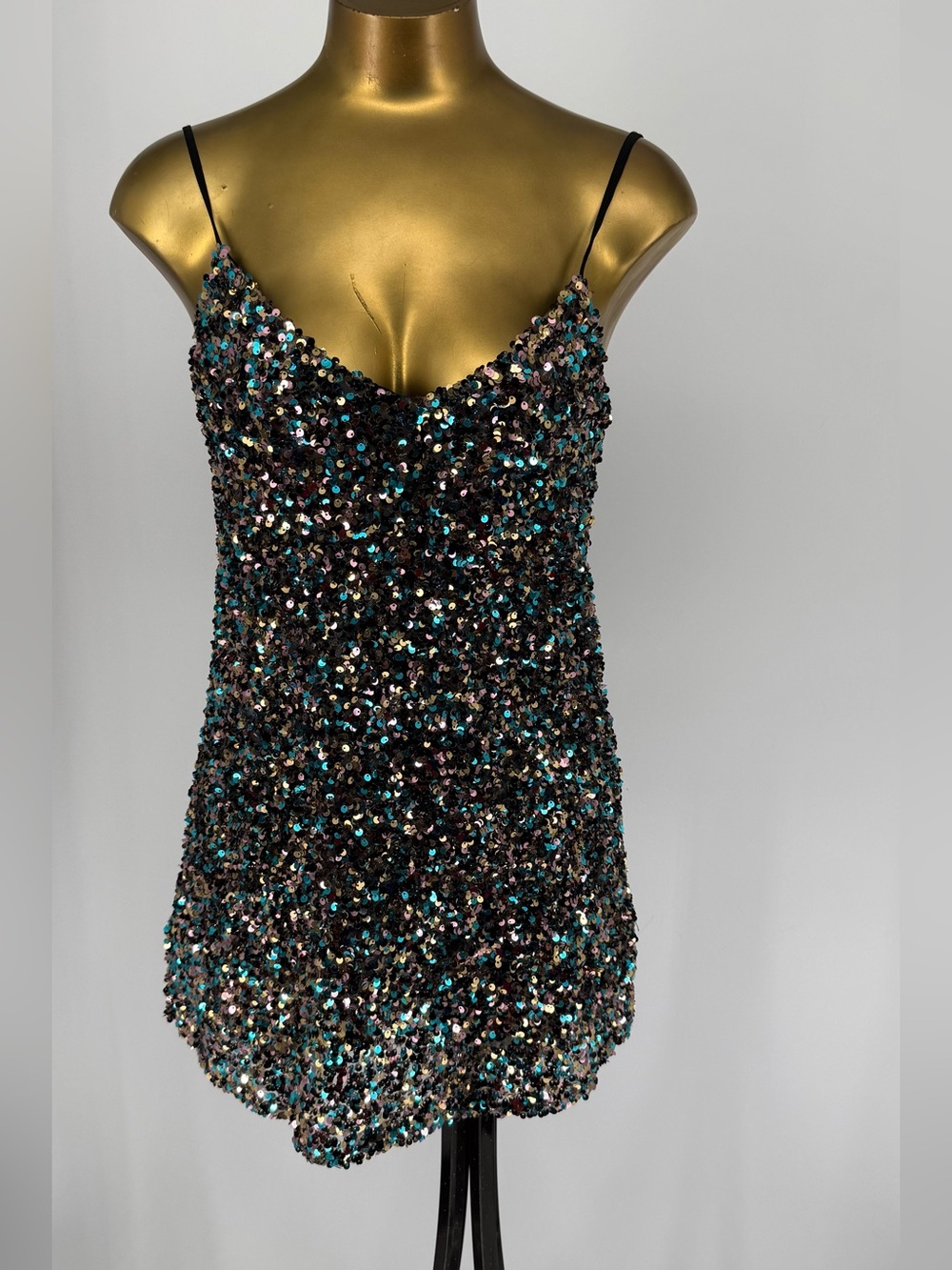 Olivaceous Multicolor Sequin Spaghetti-Strap Cami Mini Dress Sparkle Size Small